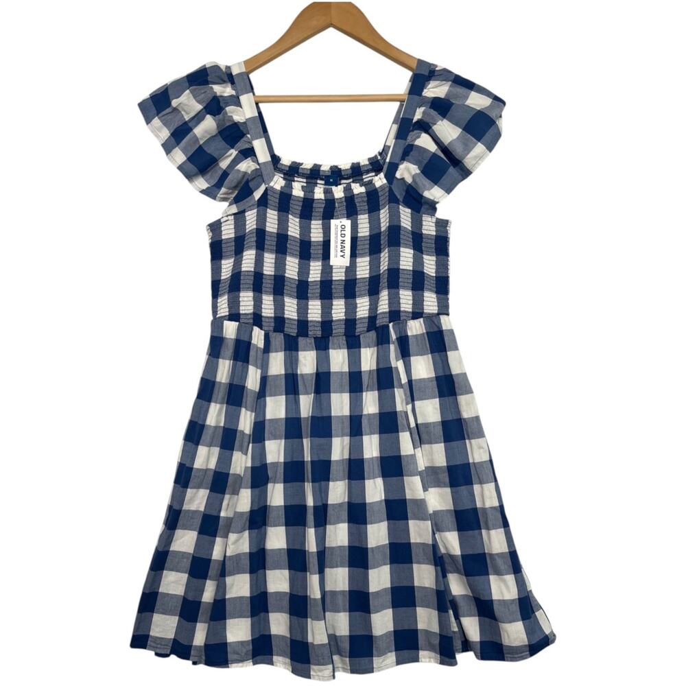 New Old Navy Dress Womens Medium Blue Plaid Check Smocked Sundress Beach Cottage